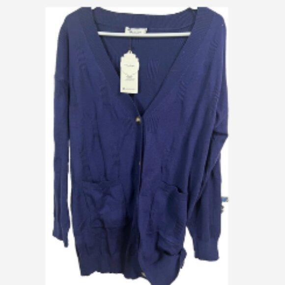Fashion Cardigan Sweater Women Sz XL Viscose Blend Navy V-Neck Button 2 Pockets - Picture 2 of 5